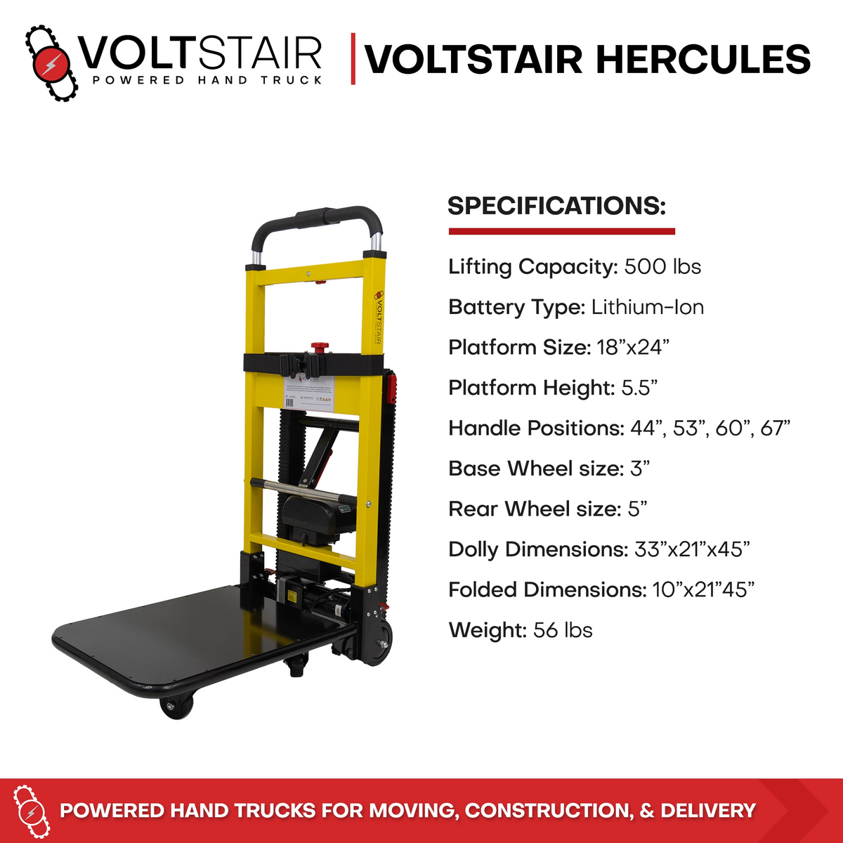 Voltstair Hercules Powered Stair Climbing Hand Truck (500 lbs.), Maximum Capacity Motorized Stair Climber Dolly for Appliances, Safes and Warehouse Freight