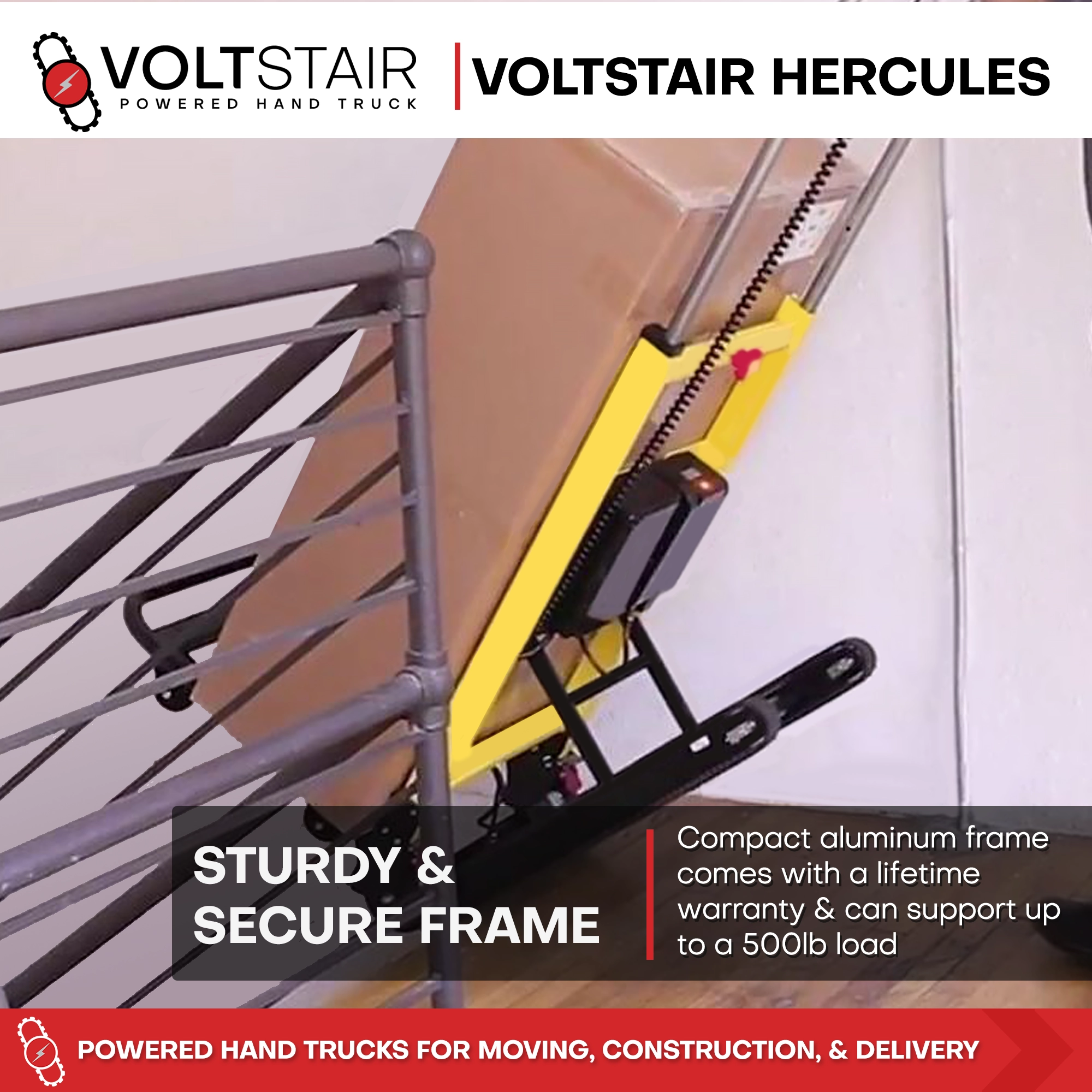 Voltstair Hercules Powered Stair Climbing Hand Truck (500 lbs.), Maximum Capacity Motorized Stair Climber Dolly for Appliances, Safes and Warehouse Freight