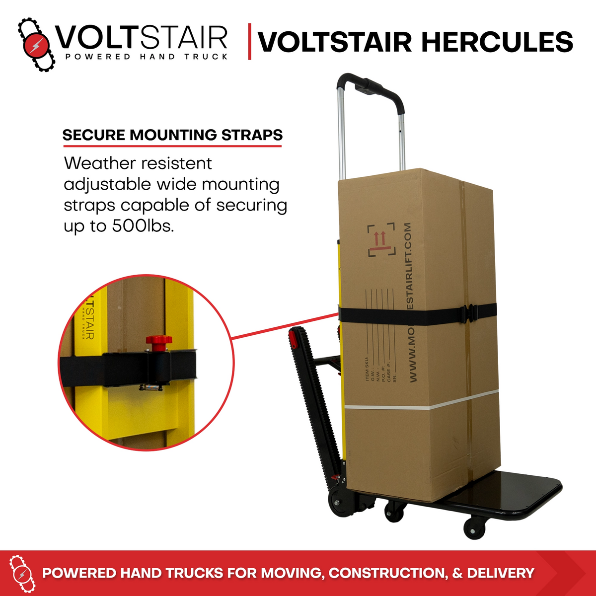 Voltstair Hercules Powered Stair Climbing Hand Truck (500 lbs.), Maximum Capacity Motorized Stair Climber Dolly for Appliances, Safes and Warehouse Freight