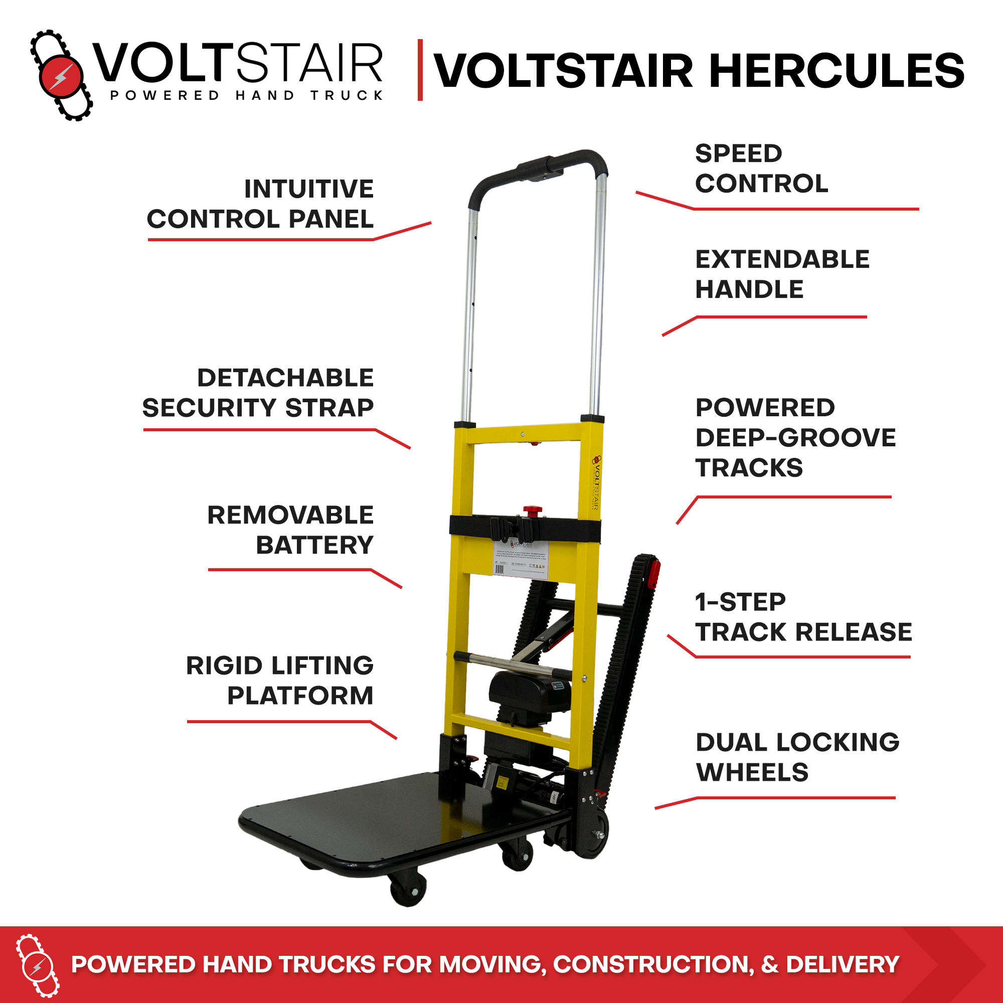 Voltstair Hercules Powered Stair Climbing Hand Truck (500 lbs.), Maximum Capacity Motorized Stair Climber Dolly for Appliances, Safes and Warehouse Freight