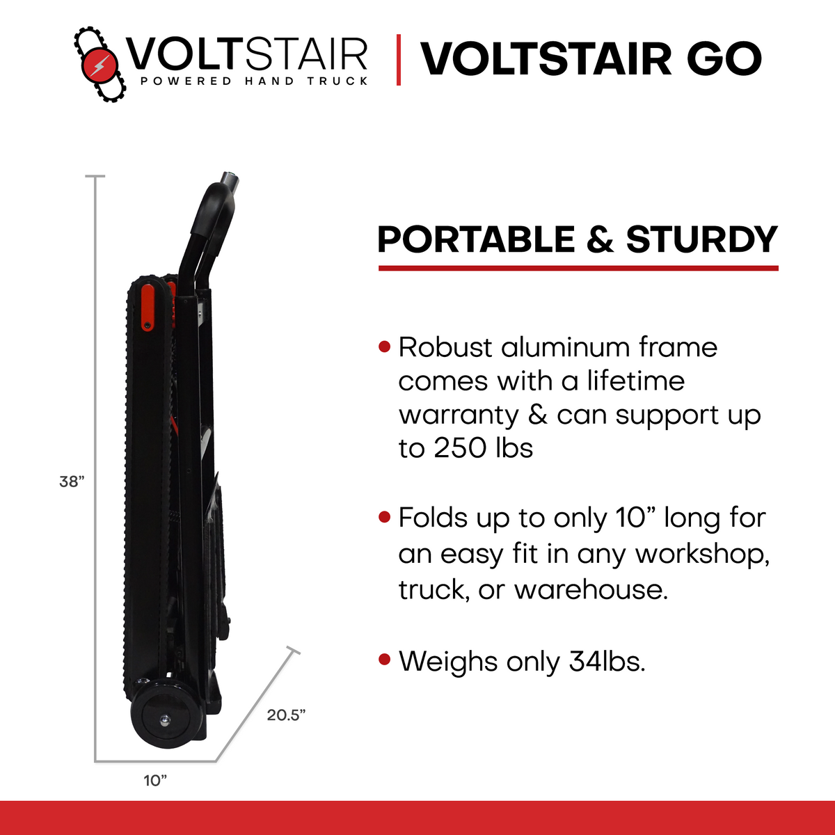 Voltstair GO Powered Stair Climbing Hand Truck (250 lbs.), Lightweight Motorized Stair Climber Dolly for Solo Contractors and Last Mile Delivery