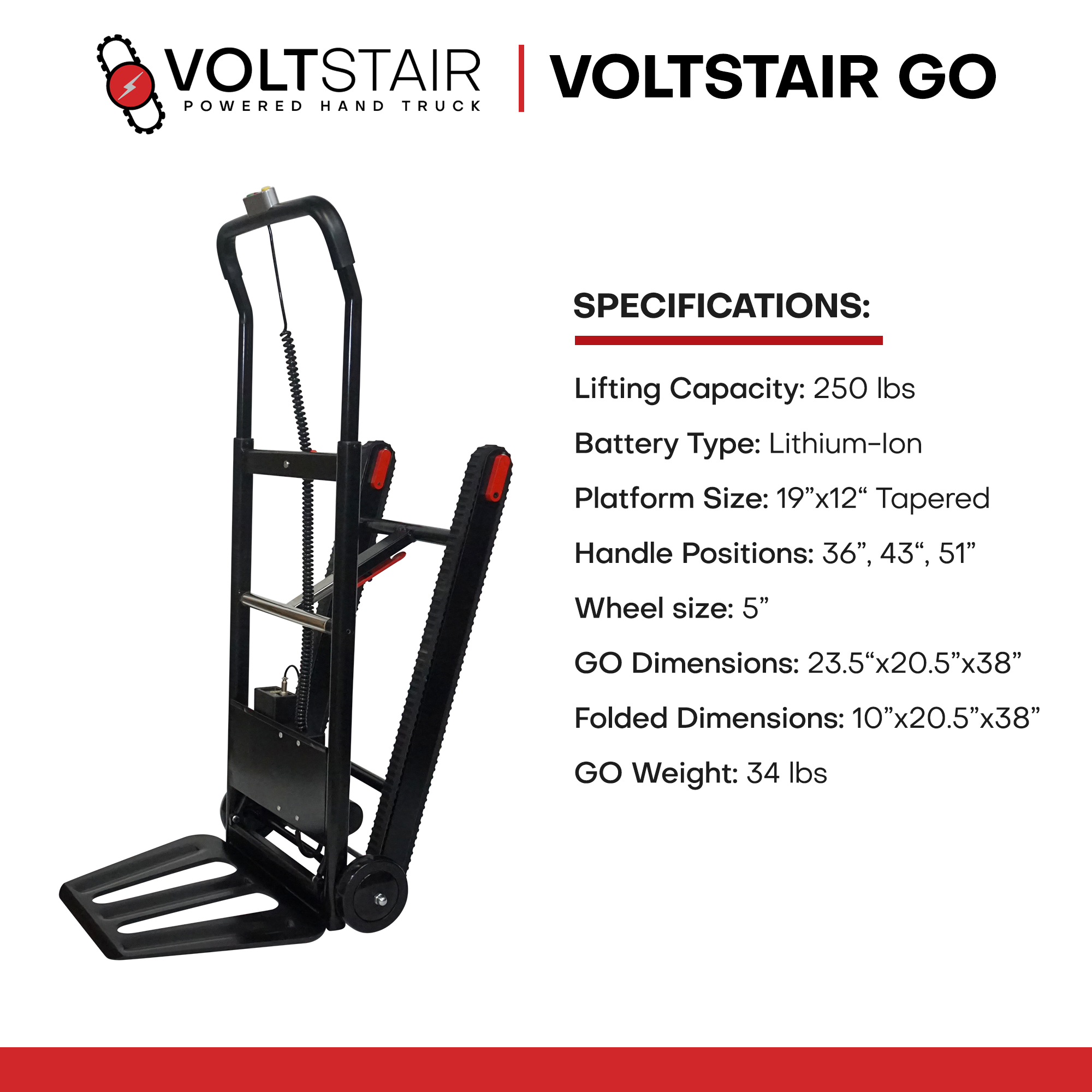 Voltstair GO Powered Stair Climbing Hand Truck (250 lbs.), Lightweight Motorized Stair Climber Dolly for Solo Contractors and Last Mile Delivery