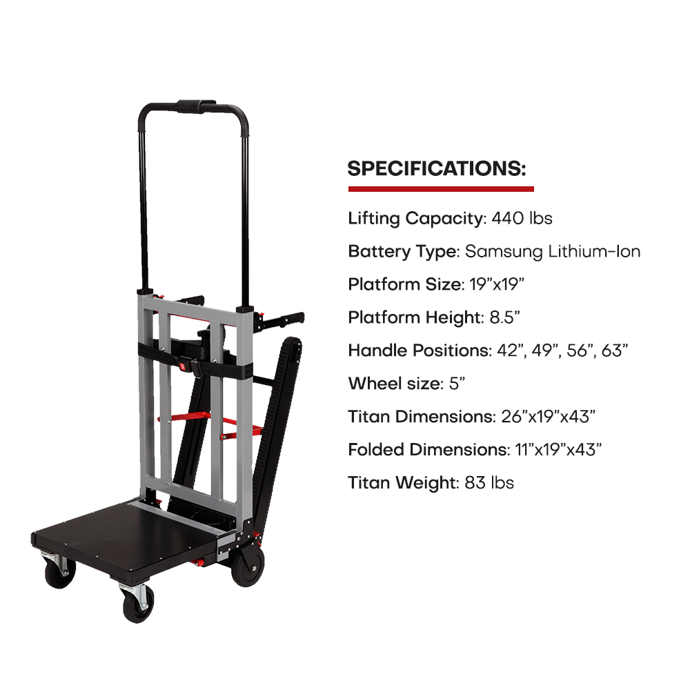 Voltstair Titan Powered Stair Climbing Hand Truck (440 lbs.), Heavy Duty Motorized Stair Climber Dolly with Rear Handles for Moving Companies and Fleets